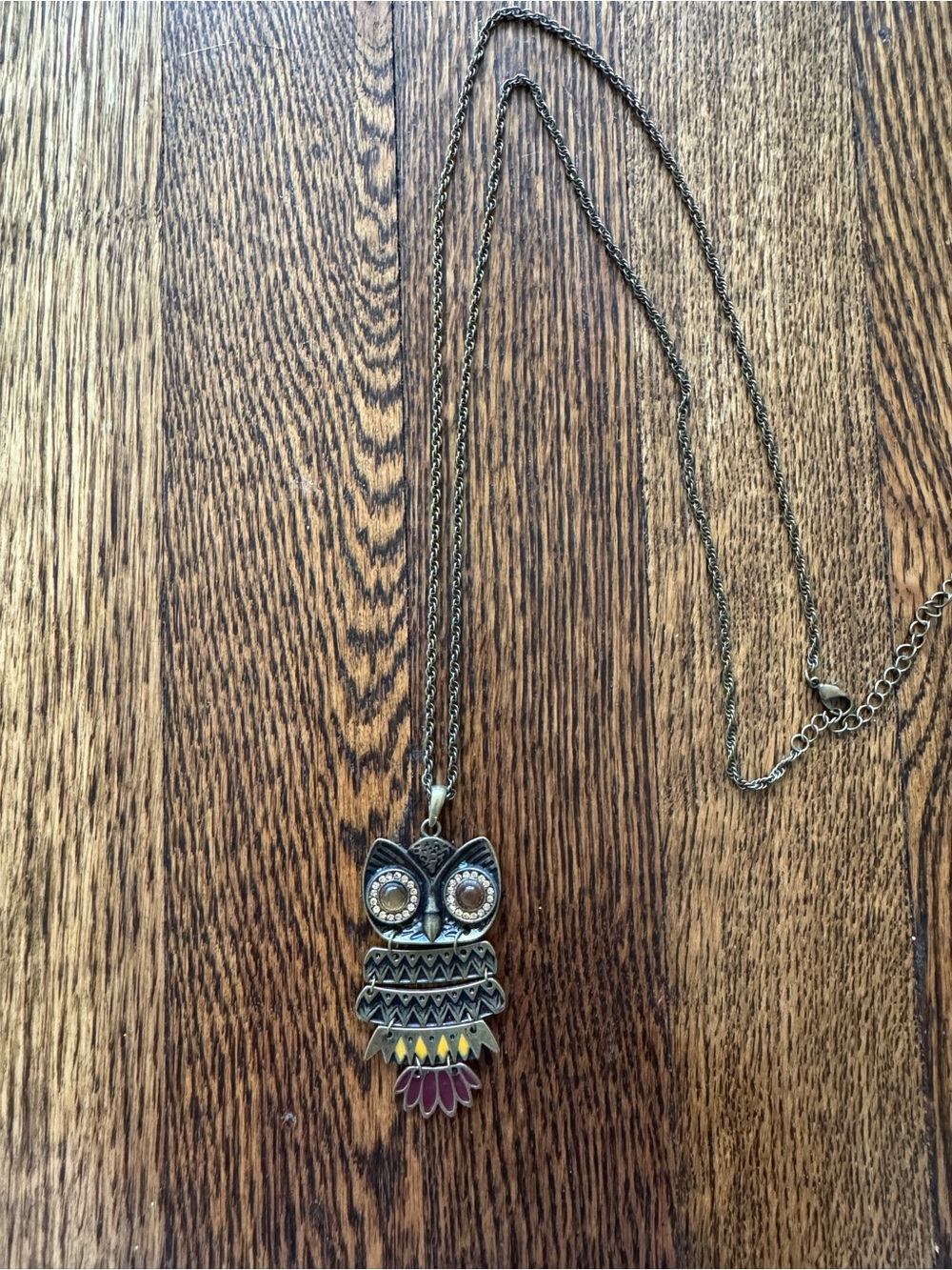 Antique Brass Owl Pendant Necklace with Yellow & Purple Accents